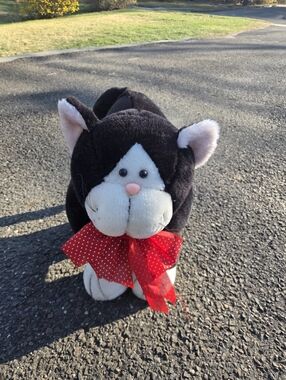 Vin CAT FOOT STOOL Black & White Plush Cat with Red Polka Dot Bow